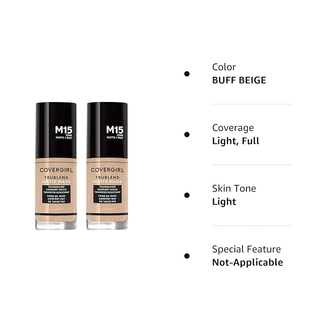 COVERGIRL Trublend Matte Made Liquid Foundation, M15 Buff Beige, 1.01 Fl Oz, 2 Count