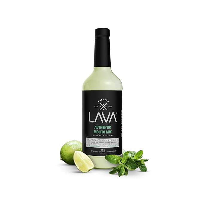(3 Pack) LAVA Premium Authentic Mojito Mix, Made with Real Lime Juice, Mojito Mint, Spearmint, Demerara, Cane Sugar, Refreshing Rum Mojito Mixer. Ready to Use. 1-Liter (33.8oz) Glass Bottle