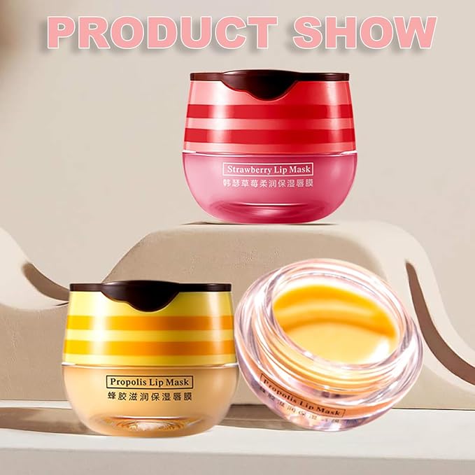 2PCS Strawberry & Honey Lip Balm, Hydrating Lip Propolis Sleeping Lip Mask, Moisturizing & Prevention Dry and Cracked Lip Scrubs Exfoliator, Lip Repair Nourishes the Lip Skin