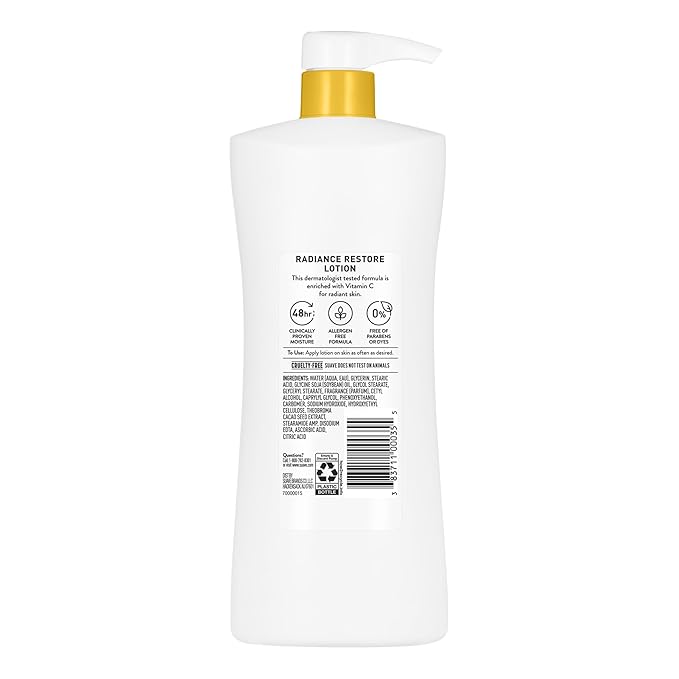 Suave Radiance Restore Hand & Body Lotion For Women With Vitamin C, Brighten & Hydrate Dry, Dull Skin, Non Greasy, Moisturizing Cream Evens Skin Tone, Allergen Free, 28 FL OZ Pump, 4 Pack
