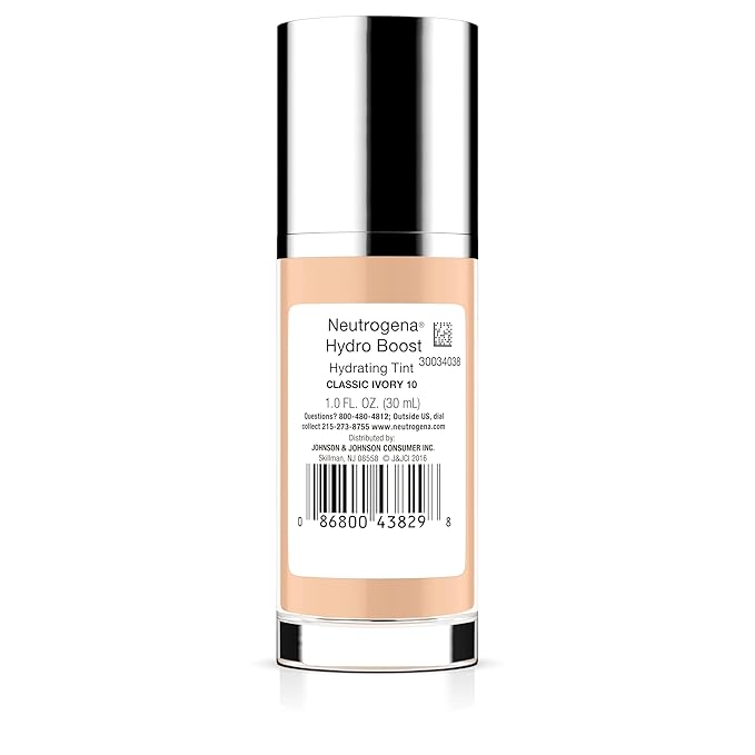Neutrogena Hydro Boost Hydrating Tint Foundation Makeup for Dry Skin, with Hyaluronic Acid, Lightweight Oil-Free Water Gel, Non-Comedogenic 10 Classic Ivory, 1.0 fl. oz