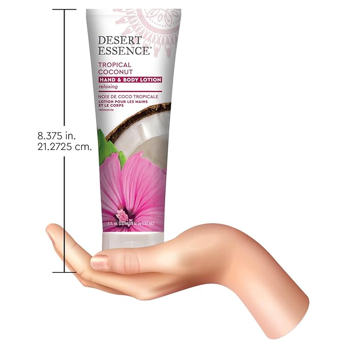 Desert Essence, Tropical Coconut Hand & Body Lotion 8 fl. oz. - Gluten Free - Vegan - Cruelty Free - Coconut Oil, Jojoba Oil & Vitamin E - Intense Hydration - Tropical Coconut Scent