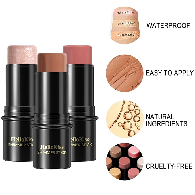 3Pcs Cream Contour Stick, with Highlighter Stick Bronzer Stick Blush Stick, Face Contour Stick Highlighter Makeup with Makeup Brush and Sponge for Sculpt the Cheeks, Long Lasting, Waterproof