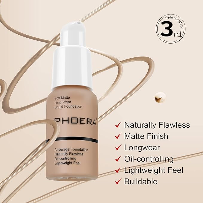 BestLand PHOERA Foundation Full Coverage Liquid Foundation Cream - Long-lasting Lightweight Concealer - Oil-Free Formula - Natural Shade - Suitable for All Skin Types (Buff Beige #104)
