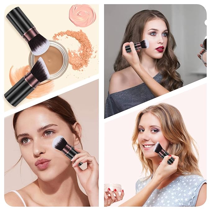 Retractable Makeup Brush, Travel Kabuki Powder Makeup Brush 2 Pack, Foundation Face Blush Brushes for Blending Liquid, Blush, Bronzer, Buffing, Sunscreen,Flawless Cosmetics