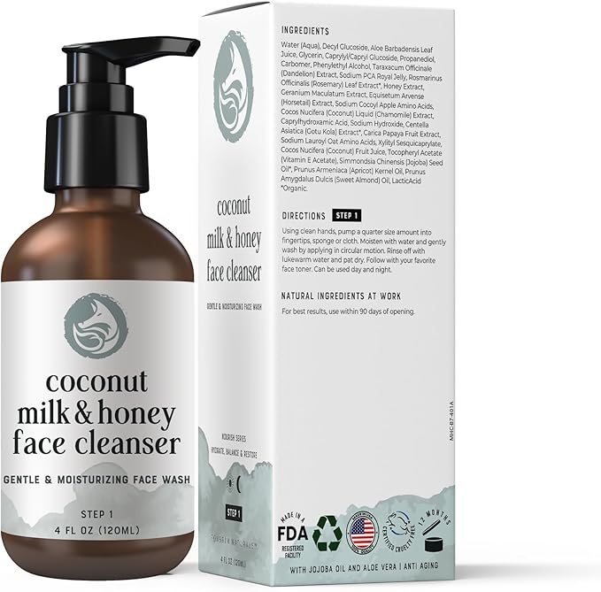 Hydrating Face Cleanser - Coconut Milk & Honey 4oz | Nourishing Daily Cleanser for All Skin Types — Gentle Non-Drying Formula, Fragrance-Free with Jojoba Oil & Aloe, Ideal for Sensitive Skin