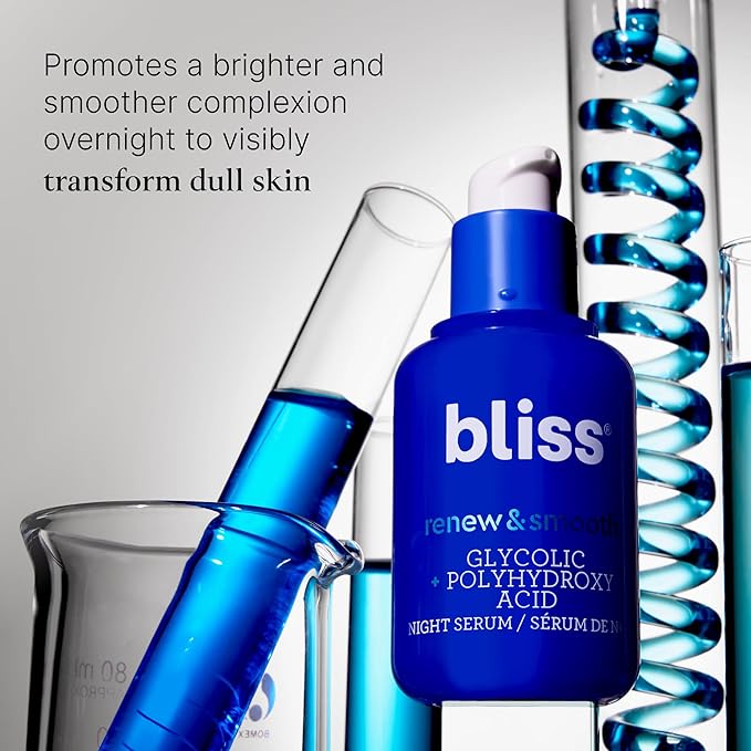 Bliss Glycolic + Polyhydroxy Acid Renew & Smooth - Night Serum - Gently Exfoliate Skin - Hydrating Squalane - Vegan & Cruelty-Free - 1 Fl Oz