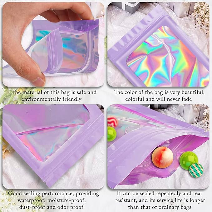 ANZNKU 100 Pcs Smell Proof Mylar Resealable Bags, Holographic Packaging Bags, Resealable Odor Foil Pouch Zip Bag with Clear Window for Food Storage and Lipgloss, Jewelry Lash (Purple, 5.5 x 7.9 Inch)