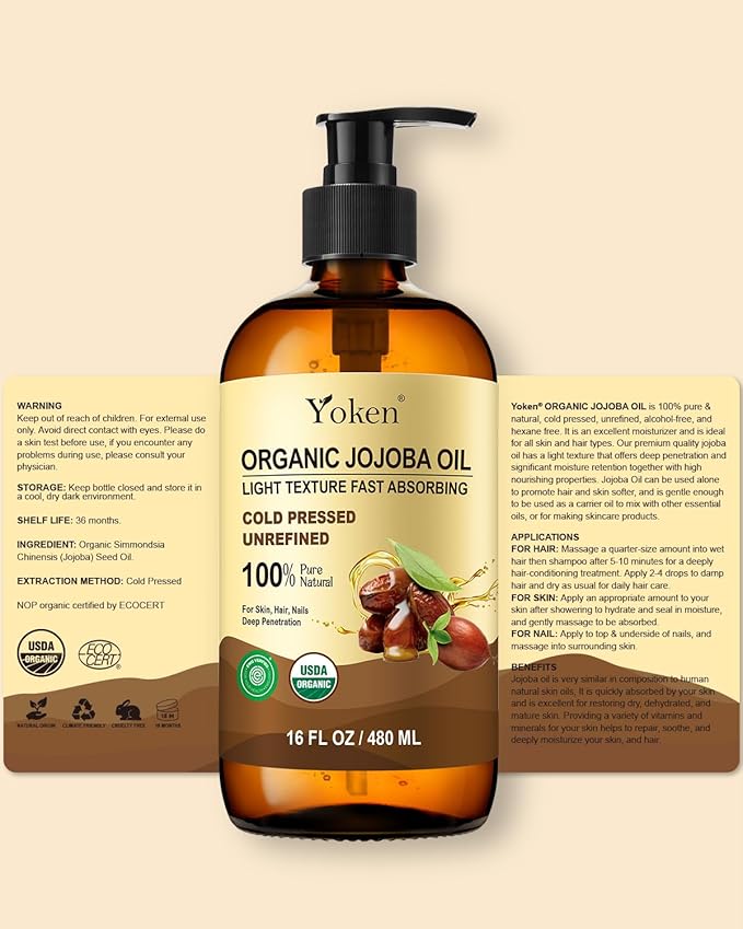 Yoken Organic Jojoba Oil Glass Bottle 16 fl oz, USDA Certified 100% Pure & Natural Jojoba Oil for Hair, Skin & Face, Cold Pressed Unrefined Hexane Free, Deeply Moisturizing Body Serum for Gua Sha