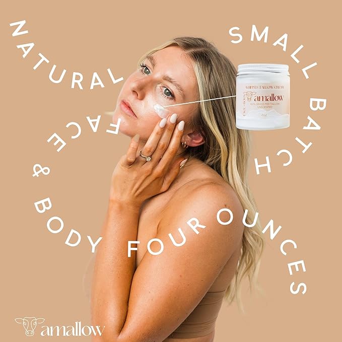 Amallow 100% Grass Fed Beef Tallow for Skin Care - Face + Body - Whipped Moisturizer for Sensitive Skin - Natural Lotion, 4 FL. oz. (Unscented)