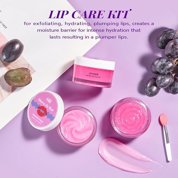 ANAI RUI Lip Therapy Set, Lip Scrub & Lip Mask, Overnight Hydrating Lip Moisturizer with Lip Exfoliator Scrub and Lip Sleeping Mask for Lip Plumping, Lip Gift Kit for Dry, Chapped, Dark Lips, Grape