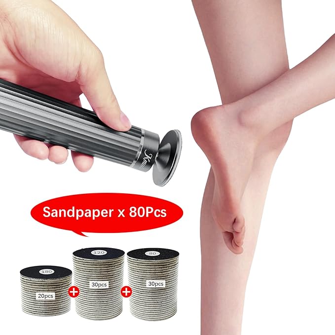 5.3'' Electric Foot Callus Remover with 80pcs Sandpaper Discs & Brush, Professional Aluminum Ergonomic Pedicure Tool, Stepless Speed & Reverse Control for Dead Skin Removal (Grey)