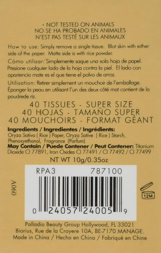 Palladio Rice Paper Facial Tissues for Oily Skin, Face Blotting Sheets Made from Natural Rice, Oil Absorbing Paper with Rice Powder, 2 Sided, Instant Results, Natural, 40 Count, Pack of 1