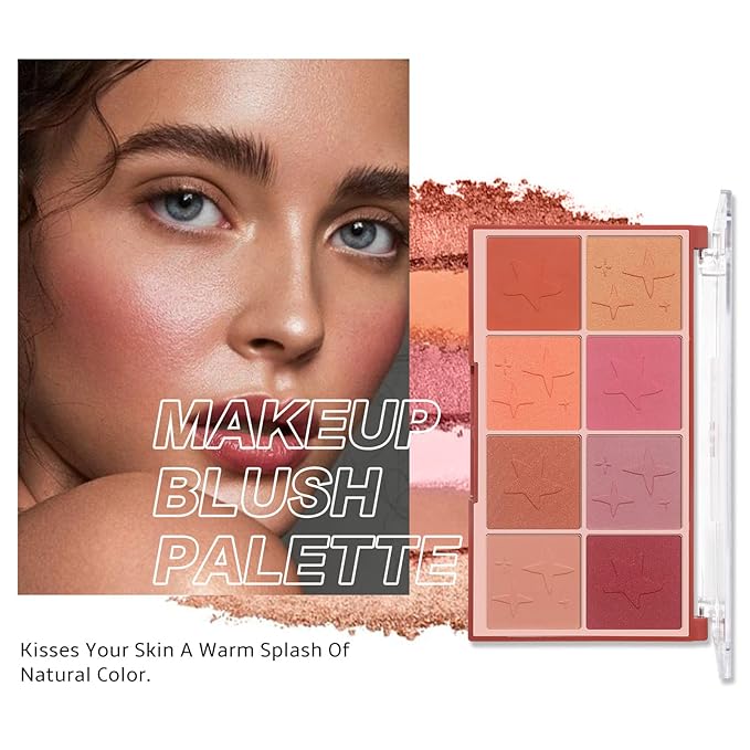 8 Colors Face Matte Blush Palette Shading Blusher with Brush - Buildable Facial Cheek Blusher Contour Bronzing Pressed Powder Makeup Pallet Women Gift Set (02 Shimmer Matte)