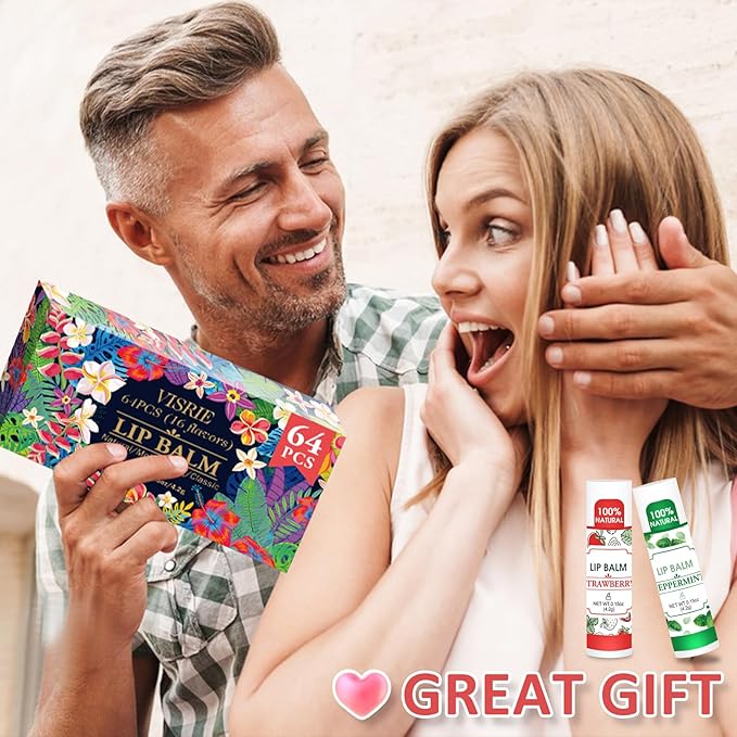 64 Pack Lip Balm, Natural Lip Balm Bulk with Vitamin E and Coconut Oil, Hydrating Lip Balm for Dry Lips, Bulk Lip Balm for Stocking Stuffers - 16 Flavors