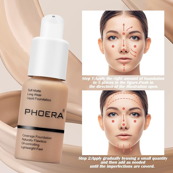 PHOERA Foundation Makeup Naturally Liquid Foundation Full Coverage Mattle Oil-Control Concealer 8 Colors Optional,Great Choice For Gift (#106 Warm Sun,30ml)