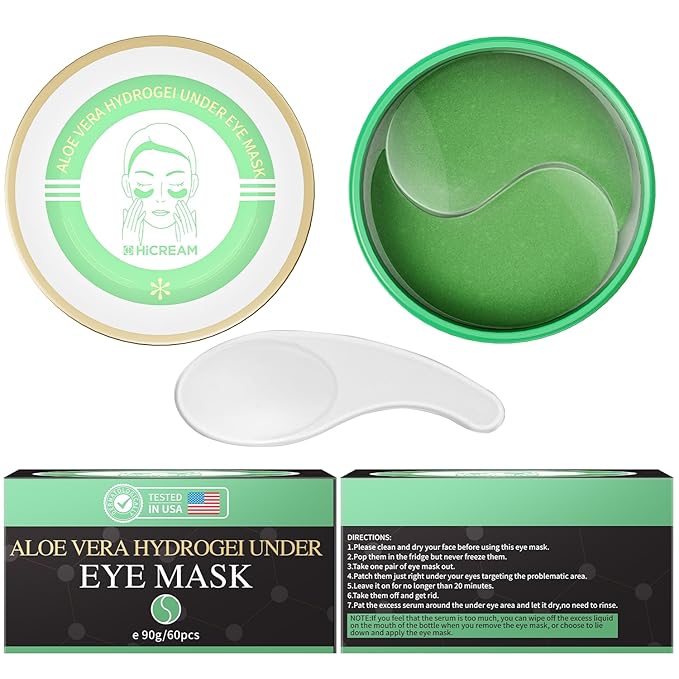 Aloe Vera Eye Masks - 60 Pcs - Reduce Puffy Eyes & Dark Circles, Firm & Improve Under Eye Skin, Pure Natural Extracts for Youthful Appearance & Reduction of Fine Lines and Wrinkles