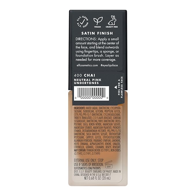 e.l.f. Flawless Finish Foundation, Lightweight & Medium Coverage, Semi-Matte Finish, Chai, 0.68 Fl Oz (20mL)