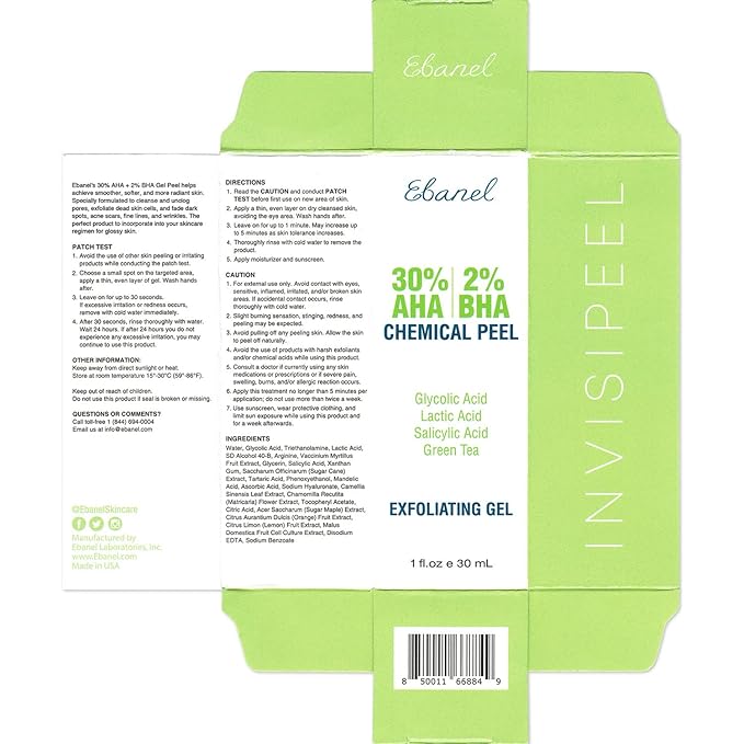 Ebanel Chemical Peel for Face, AHA BHA Exfoliator, Glycolic Acid Peel, Salicylic & Lactic Acid Face Peeling Gel, Infused with Green Tea & Chamomile for Acne Scars, Dark Spots, Wrinkles, Fine Lines