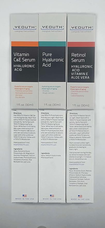 YEOUTH Skin Care Set: Retinol Serum for Face, Vitamin C and Hyaluronic Acid Serum, Face Care Kit that Targets Appearance of Uneven Uneven Skin and Dryness 3x1 oz