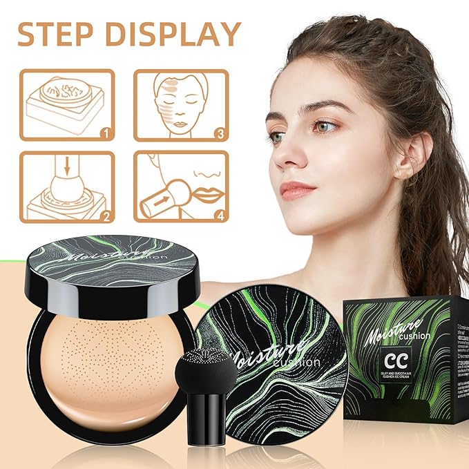 Mushroom Head Air Cushion CC Cream - BB Cream Foundation Makeup Moisturizing Concealer Long-Lasting, Cushion Foundation Full Coverage Self Adjusting for Mature Skin & All Skin Types (Natural)