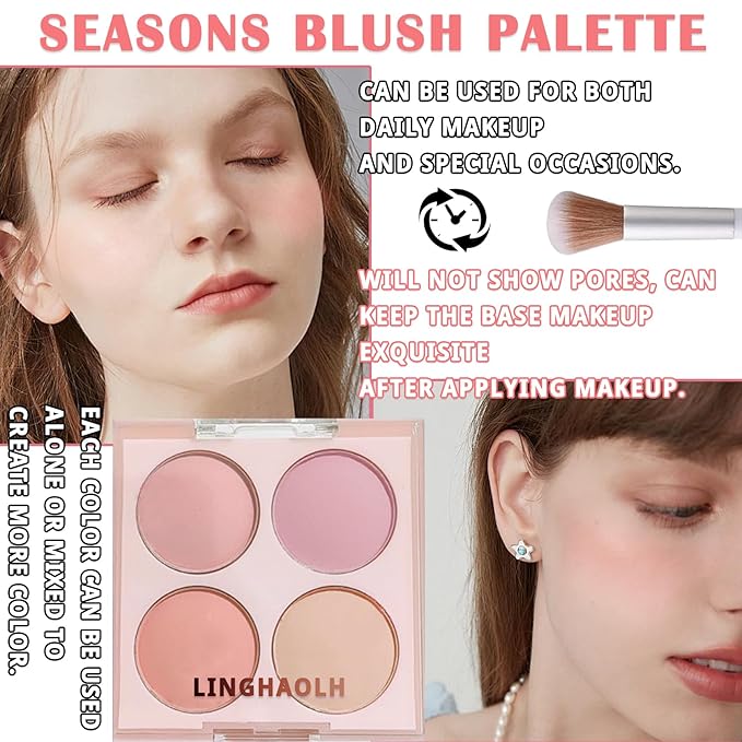 4 Colors Blush Palette for Cheeks,Face Matte Contour Blush Makeup Palette,Buildable Shimmer Facial Cheek Blusher Shades,Blendable Cosmetic Makeup Blush with Blush Brush 03