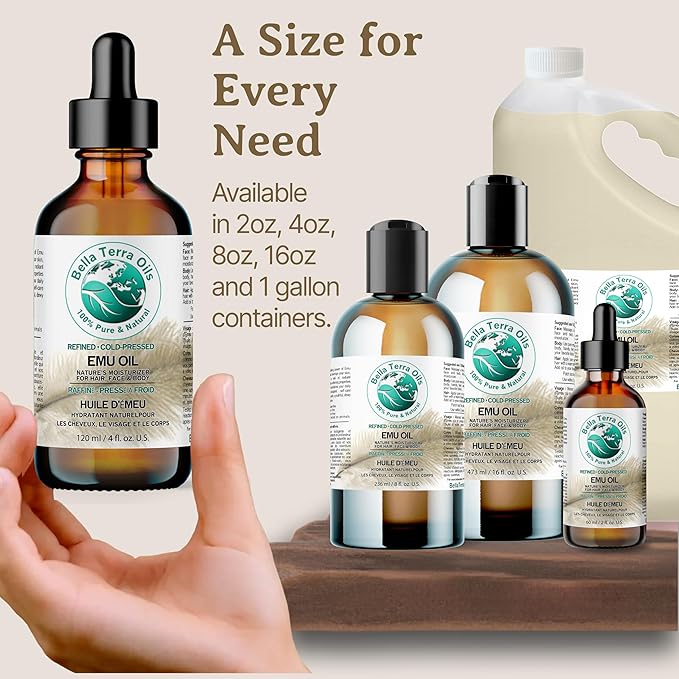 Bella Terra Oils - Emu Oil 8 oz - Australian Legacy, Famed for Omega-3, Omega-6 & Omega-9, The Natural Secret to Radiant Skin