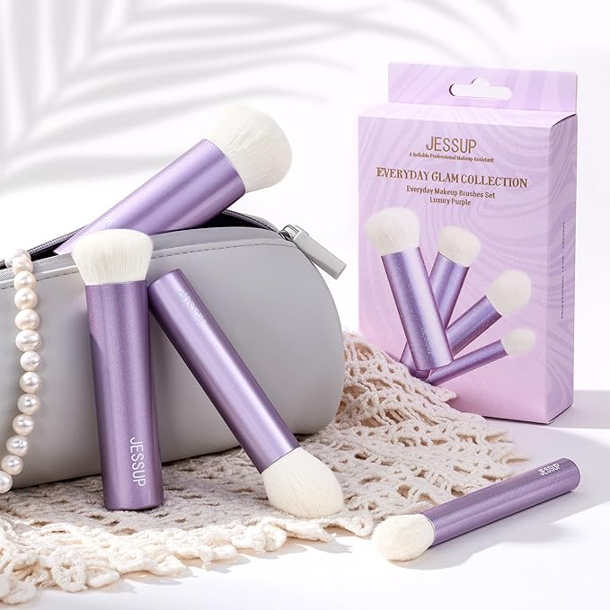 Jessup Makeup Brushes Set 4pcs Face Kabuki Brush for Foundation Contour Powder Blush Bronzer and Highlighter, Premium Synthetic Fiber Cruelty-Free, Luxury Purple T517