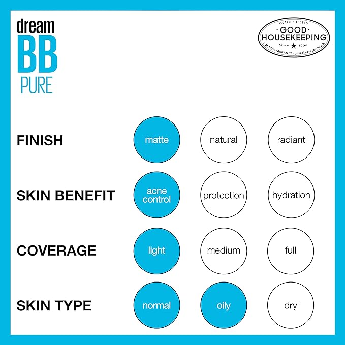 Maybelline Dream Pure Skin Clearing BB Cream, 8-in-1 Skin Perfecting Beauty Balm With 2% Salicylic Acid, Sheer Tint Coverage, Oil-Free, Light, 1 Count
