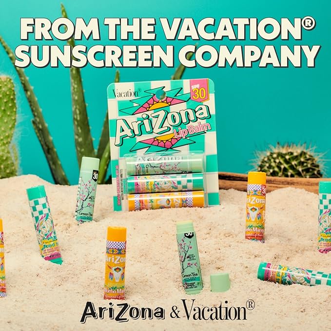 AriZona Iced Tea SPF 30 Lip Balms 3-Pack by Vacation Sunscreen, Hydrating Lip Sunscreen Chapstick, Water Resistant Vegan Sunscreen Lip Balm, 3 Iconic Flavors, Limited Edition SPF Chapstick (Pack of 3)