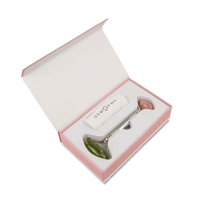 Rose Quartz + Jade Roller for Face and Neck Massage, Dual Gemstones with Durable Steel Handle and Travel Bag. Minimize Wrinkles, Reduce Puffiness and Restore Skin's Elasticity and Radiance