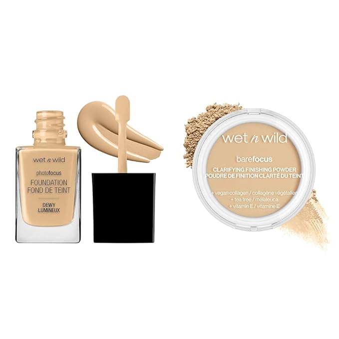 wet n wild Photo Focus Dewy Liquid Foundation Makeup Buff Bisque & Bare Focus Clarifying Finishing Powder Light-Medium