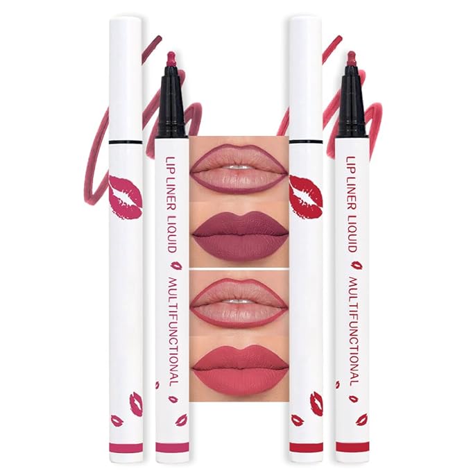 2Pcs Longwear Liquid Lip Liner Stain Marker Pen Set Long Lasting Waterproof, Mauve Pink Red Matte Semi Permanent 24 Hour Lip Liner and Lipstick Combo, Color Stay Lipliner All Day, Lips Stain peel off
