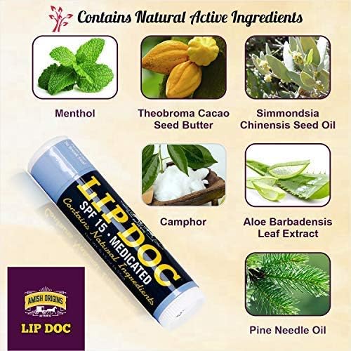 Amish Origins Lip Doc SPF 15 Medicated Lip Balm (2 PACK)- All-Natural Deep Moisturizing Lip Balm, Potent Formula for Chapped and Cracked Lips, All Natural Essential Oils
