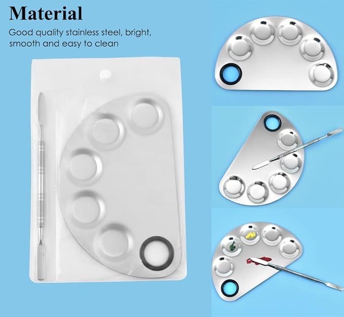 AKOAK Stainless Steel Beauty Palette, with Spatula Tool, Nail Art Makeup Palette, for Mixing Cosmetics/Nail Polish/Pigments