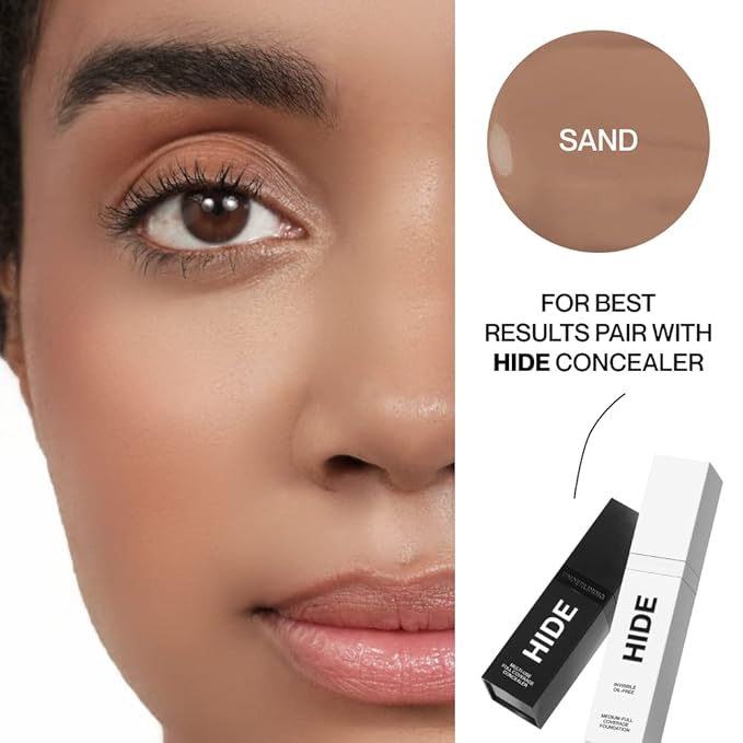 HIDE PREMIUM Liquid Foundation, SEE SHADE FINDER Below For Perfect Match, Multi-Use Waterproof Foundation, Medium/Full Coverage Foundation, Oil Free – We Have a Shade For All Skin Types, 1 fl. Oz. (Sand)