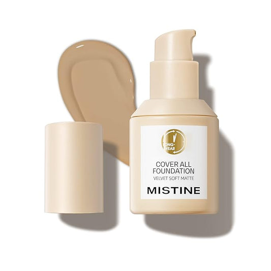 MISTINE Full Coverage Foundation Makeup for Oily Skin,24 Hour Oil Control Liquid Foundation,Skin-Caring,Moisturizing Formula,Cream Foundation,Matte Finish,Natural Beige,1 Fl Oz