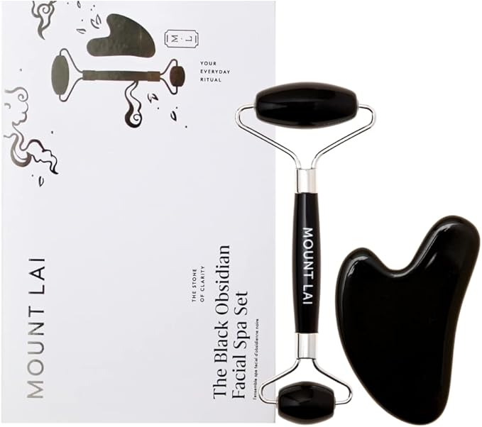 Mount Lai Obsidian Gua Sha Facial Tools, Black Obsidian Gua Sha Facial Tools Set and Roller, Guasha Tool for Face to Relieve Muscle Tension and Reduce Puffiness, Anti Aging Skin Care Sets for Women