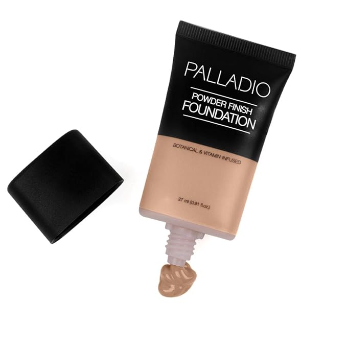 Palladio Powder Finish Liquid Foundation, Natural Matte Appearance, Reduces Fine Lines, Covers Large Pores, Hides Imperfections, All Day Wear, Sheer to Medium Coverage, In the Buff