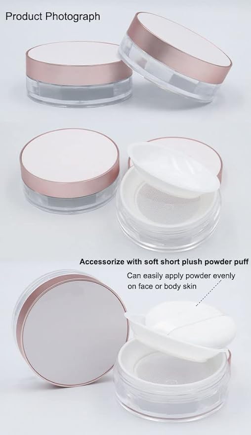 AKOAK Capacity 15ml(0.5 oz) No Leaks Empty Reusable Plastic Loose Powder Compact Container DIY Makeup Powder Case with Sponge Powder Puff, Elasticated Net Sifter and Threaded Screw Lid (White)
