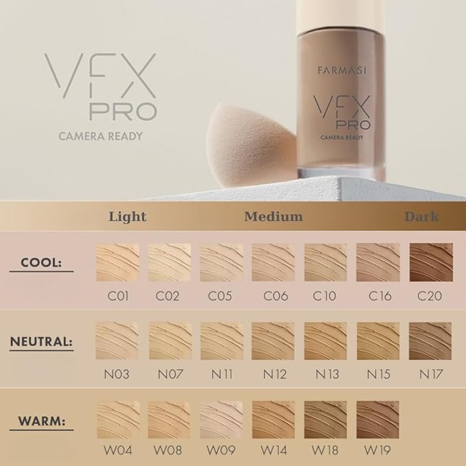 FARMASi Vfx Pro Foundation, Full Coverage Liquid Cream, Lightweight Long Lasting Coverage, Breathable Skin Moisturizer with Color True Matte Blending, Face Makeup, 1 fl. oz / 30 ml - Cool Dark 20