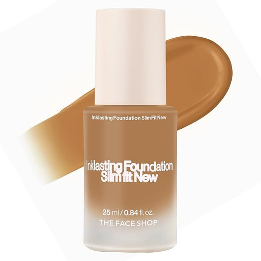THE FACE SHOP Ink Lasting Liquid Foundation, Full Coverage, 72‑Hour Wear Semi‑Matte Finish, Makeup with Bakuchiol, W410 Walnut, 0.84 Fl. Oz.
