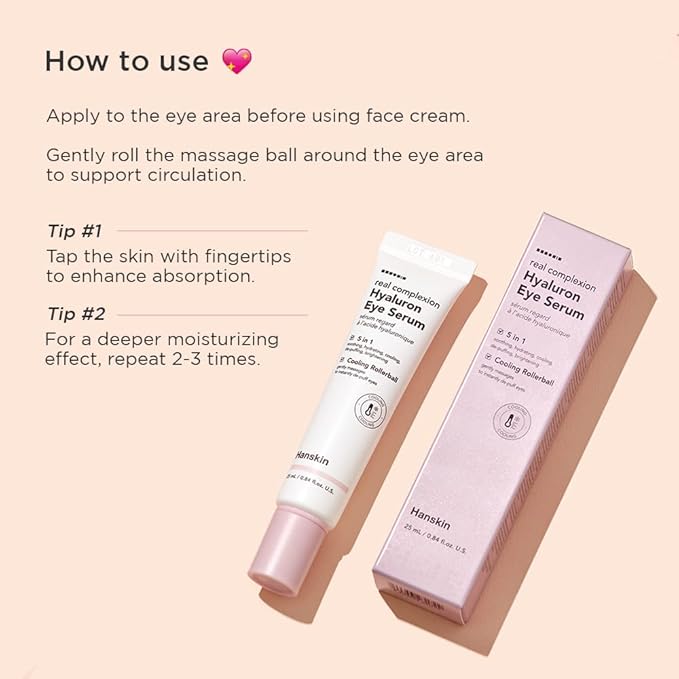 Hanskin Real Complexion Hyaluron Eye Serum, 360° Eye Massage Applicator, De-Puff Moisturize Hydrate [25ml]