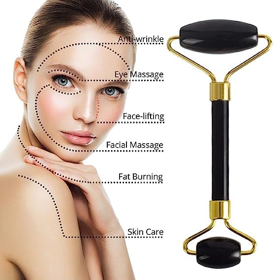 Black Obsidian Jade Facial Roller & Gua Sha Set 100% Natural Source from Highest Altitude of Himalayan Two-Sided Face Neck Massager Stone Beauty Tool