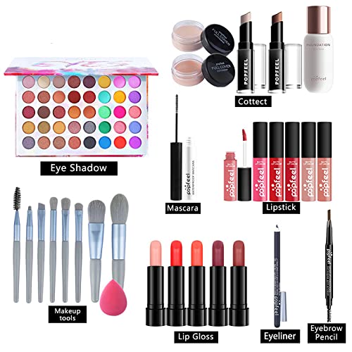 All-in-one Holiday Make up Gift Set | Makeup Kit for Women Full Kit Essential Starter Bundle Include Eyeshadow Palette Lipstick Blush Foundation Concealer Face Powder Mascara Lipgloss Brush