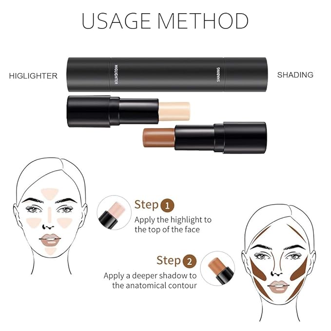 4 Colors Cream Contour Sticks Makeup Kit, Primer Face Highlighter Contouring for Beginners, Highlight and Contour Kit, Cream Concealer Makeup Blur Stick, Primer Face Corrector 1#,3#