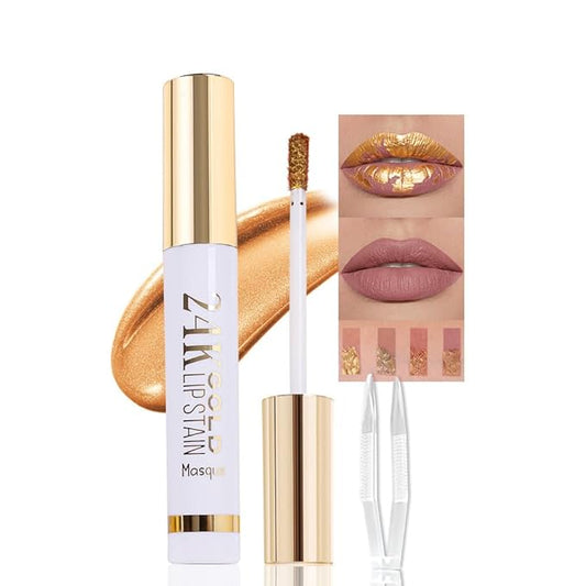 2025 New 24K Gold Liquid Lip Gloss Peel Off Lip Stain Tattoo with Tweezer, Mauve Lips Stain Peel Off Masque, Long Lasting Waterproof Lip Tint Stain, Transfer-proof for All Skin Types 04#
