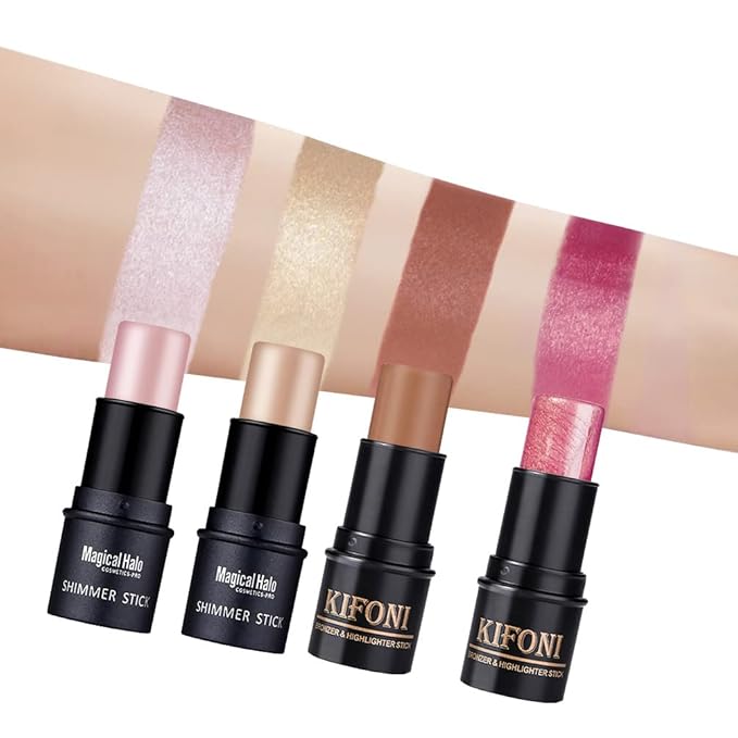 4PCS Contour Stick - Highlighter And Cream Blush Stick 4 Colors Kit - Moisturizer, Face Brightens & Shades Pencil, Facial Shaping Makeup Sticks for Older Women & Mature Skin