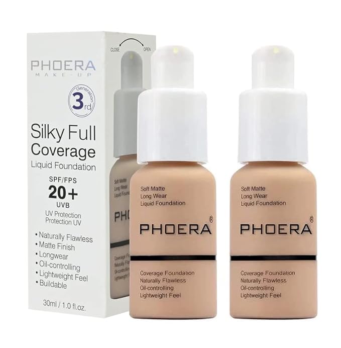 BestLand 2Pack PHOERA Foundation Full Coverage Liquid Foundation Cream - Long-lasting Lightweight Concealer - Oil-Free Formula - Natural Shade - Suitable for All Skin Types (2 Pack Nude #102)