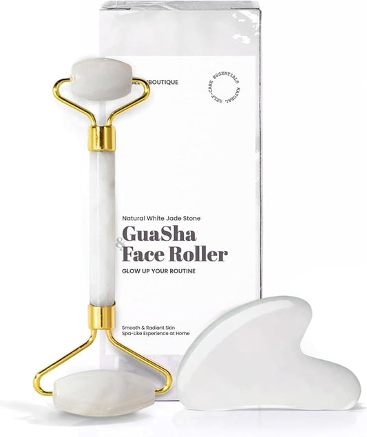 ROSELYNBOUTIQUE Gua Sha Facial Tools & Face Roller for Wrinkless Natural Skincare Tool Jade Roller Guasha Tool for Face Facial Massager (White Jade)